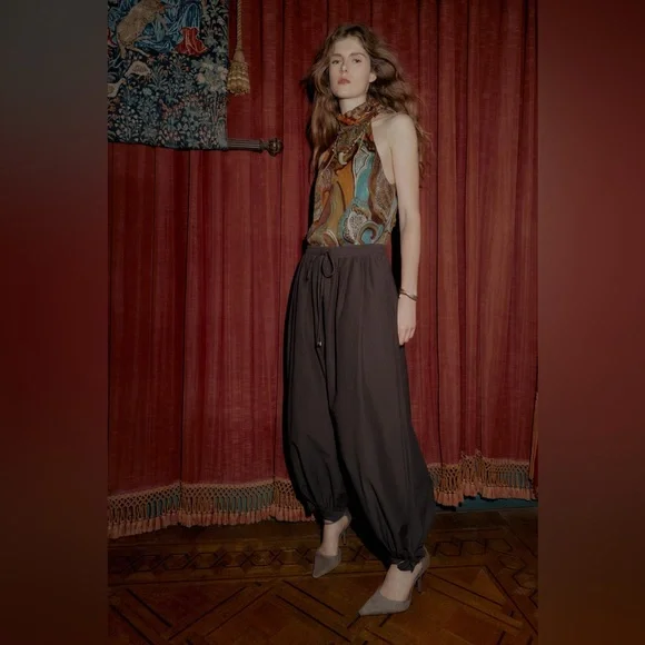 NWT Zara Bow Detail Brown Barrel Pants Sz S - Picture 2 of 12